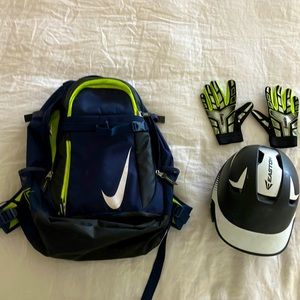 Used but in good condition: baseball bag, baseball helmet, baseball gloves